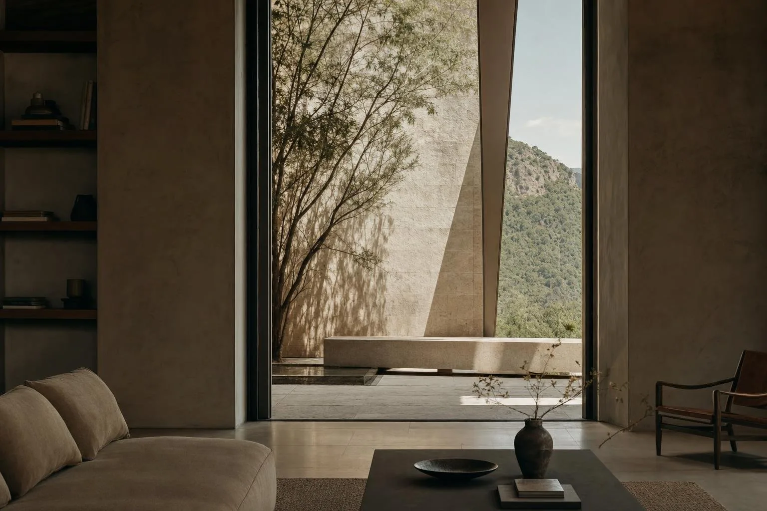 Concrete and oak interior with soft daylight